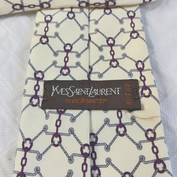 Yves Saint Laurent men's tie cream color base w/geometric burgundy gray - Picture 4 of 5